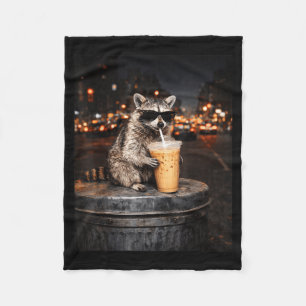 Funny racoon drinking iced coffee animal meme men fleece blanket