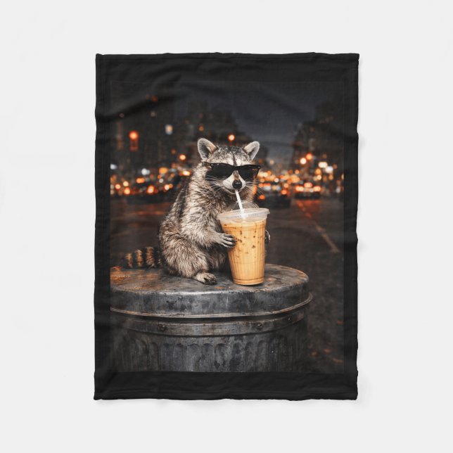 Funny racoon drinking iced coffee animal meme men fleece blanket (Front)