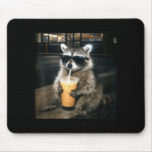 Funny racoon drinking iced coffee animal meme men mouse pad