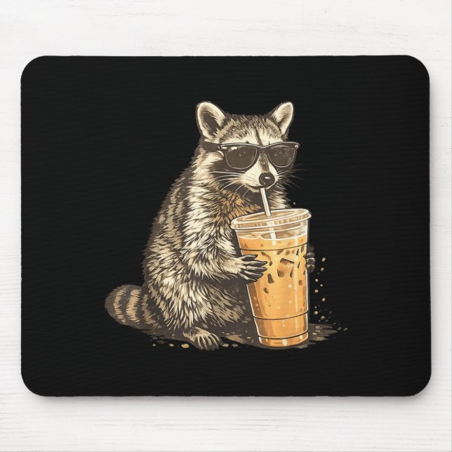 Funny Racoon Drinking Iced Coffee Animal Meme Men Mouse Pad (Front)