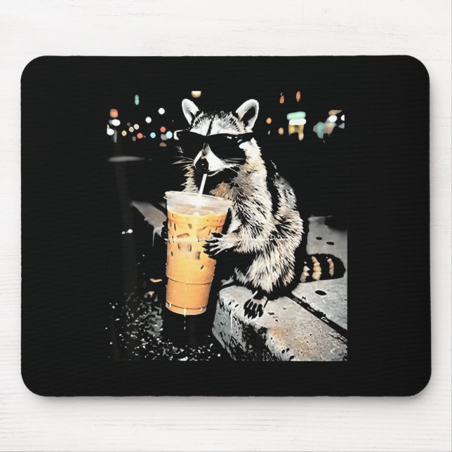Funny racoon drinking iced coffee animal meme men mouse pad (Front)
