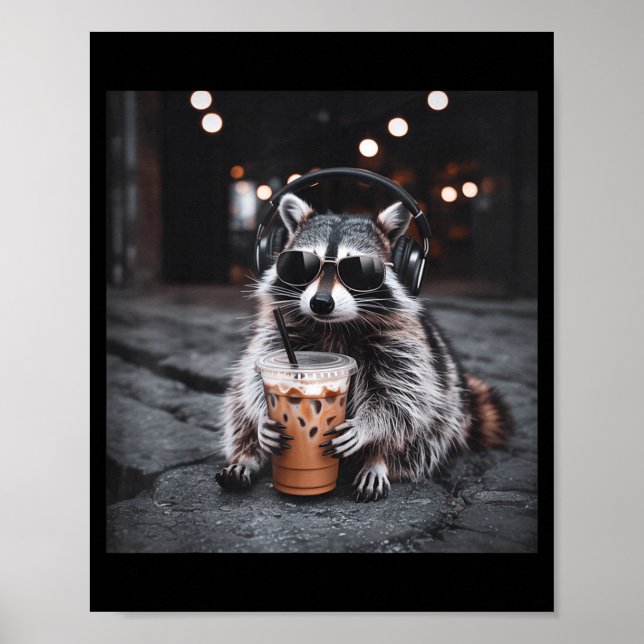 Funny racoon drinking iced coffee animal meme men poster (Front)