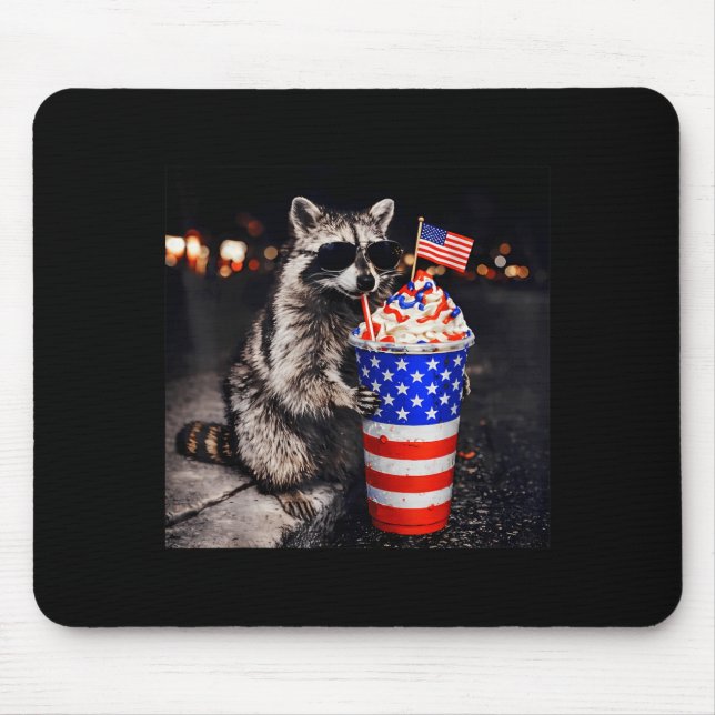 Funny Racoon Drinking Iced Coffee Meme Flag 4th Mouse Pad (Front)