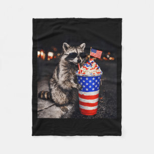 Funny Racoon Drinking Iced Coffee Men Women 4th Fleece Blanket