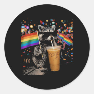 Funny Racoon Drinking Iced Coffee Rainbow Flag Classic Round Sticker