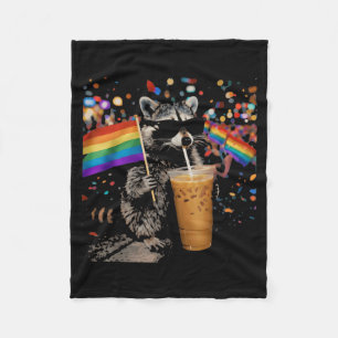 Funny Racoon Drinking Iced Coffee Rainbow Flag Fleece Blanket