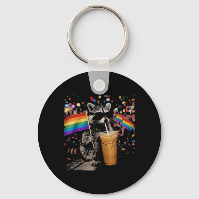 Funny Racoon Drinking Iced Coffee Rainbow Flag Key Ring (Front)