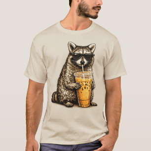 Funny Racoon Drinking Iced Coffee — Retro Animal  T-Shirt