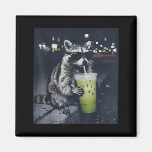 Funny racoon drinking iced matcha latte animal magnet