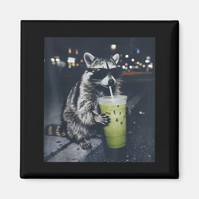 Funny racoon drinking iced matcha latte animal magnet (Front)