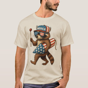Funny Racoon Fireworks American Flag Patriotic T-Shirt