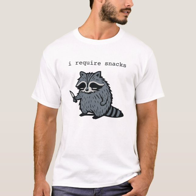 Funny Racoon “I Require Snacks” Cartoon Design T-Shirt (Front)
