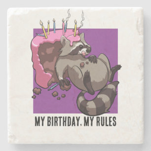 Funny Racoon My Birthday My Rules Cake Cartoon Stone Coaster
