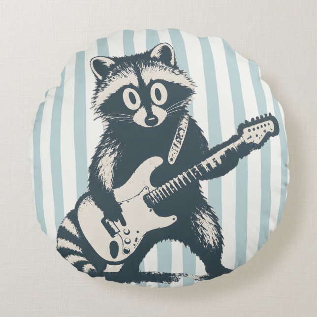 Funny Racoon Playing Electric Guitar Round Cushion (Front)