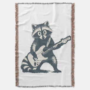 Funny Racoon Playing Electric Guitar Throw Blanket