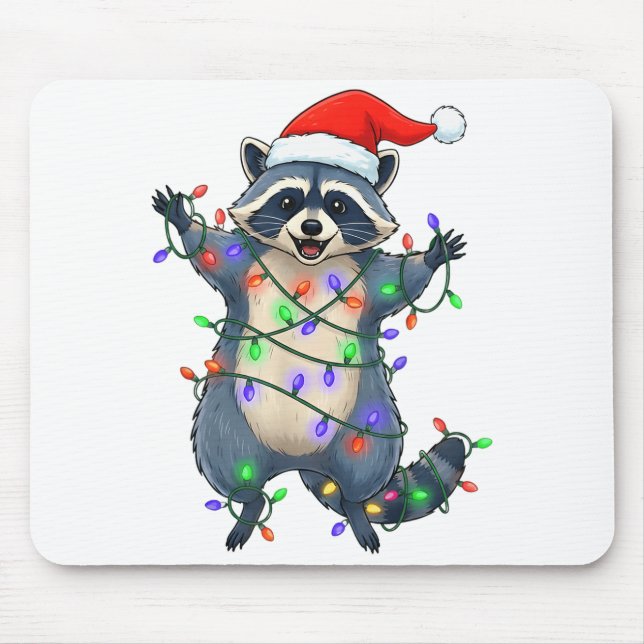 Funny Racoon Santa Hat Christmas Tree Lights Xmas  Mouse Pad (Front)