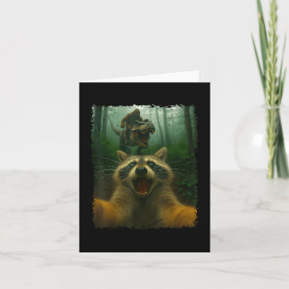 Funny Racoon Selfie With T-rex Dinosaur And Bigfo Card