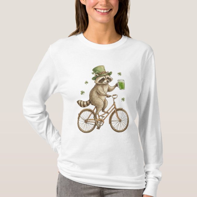 Funny Racoon, St. Patrick's Day Irish Shamrock  T-Shirt (Front)