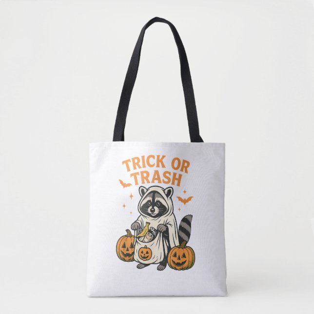 Funny Racoon Trick or Trash Halloween Tote Bag (Front)