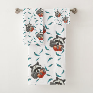 Funny Racoon with apples Cute animals  Bath Towel Set