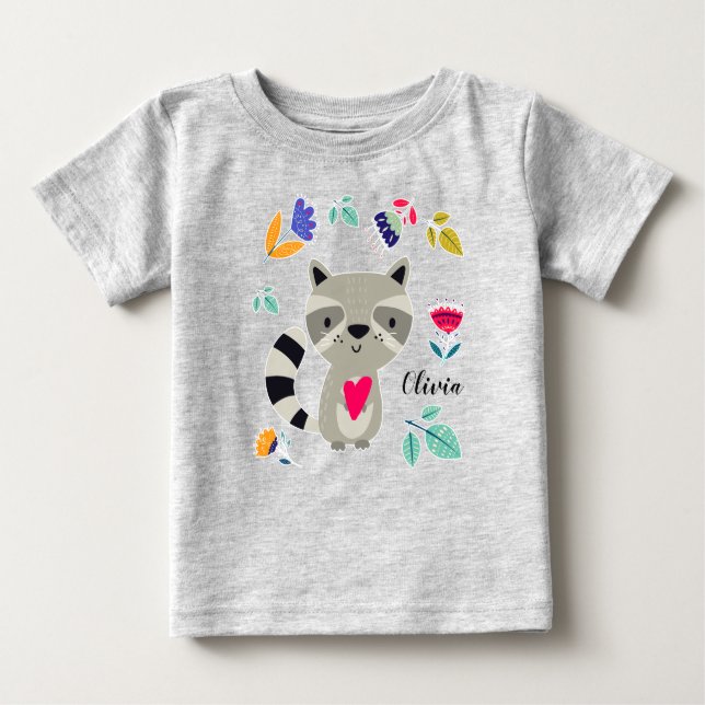 Funny Racoon with Heart Custom Name Baby T-Shirt (Front)