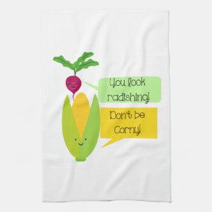 Funny Radish and Corn Vegetable Humour Tea Towel