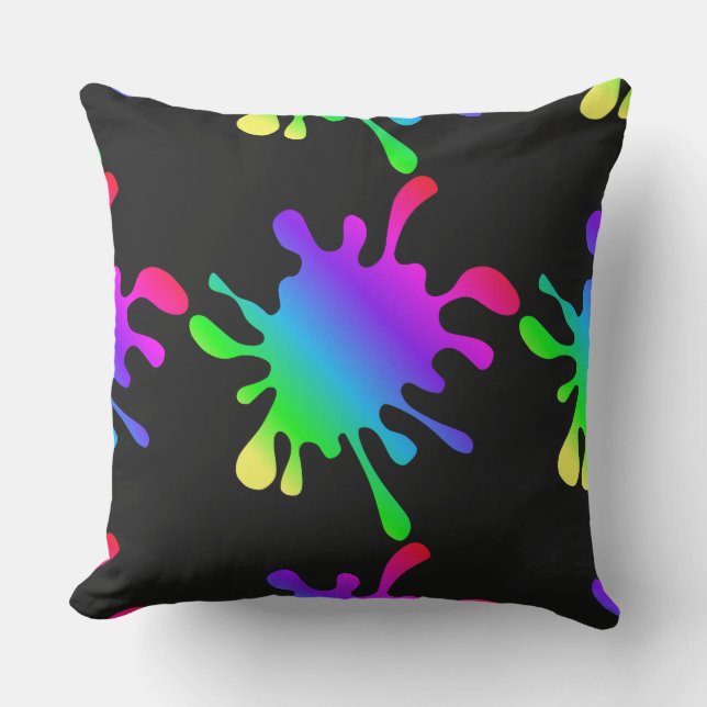 Funny Rainbow Paint Splatters Black Outdoor Pillow (Front)