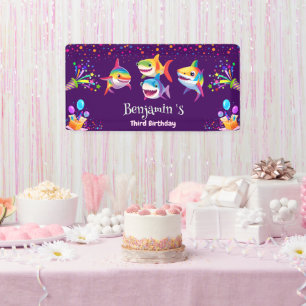 Funny rainbow shark birthday balloon party boys banner