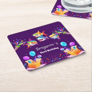 Funny rainbow shark birthday balloon party boys square paper coaster