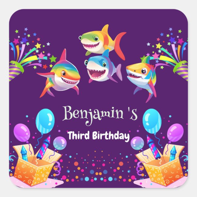 Funny rainbow shark birthday balloon party boys square sticker (Front)