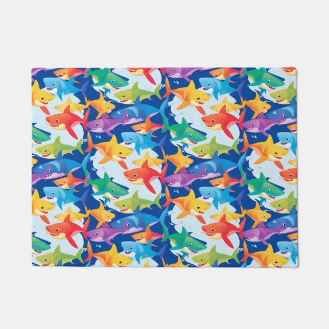 Funny rainbow shark birthday balloon party Family  Doormat (Front)