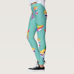 Funny rainbow shark birthday party Family kids Leggings