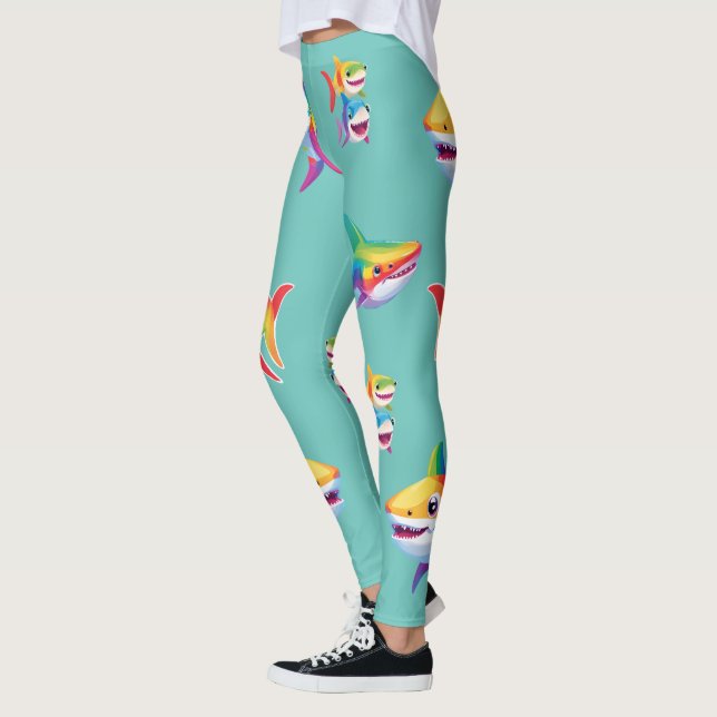 Funny rainbow shark birthday party Family kids Leggings (Left)