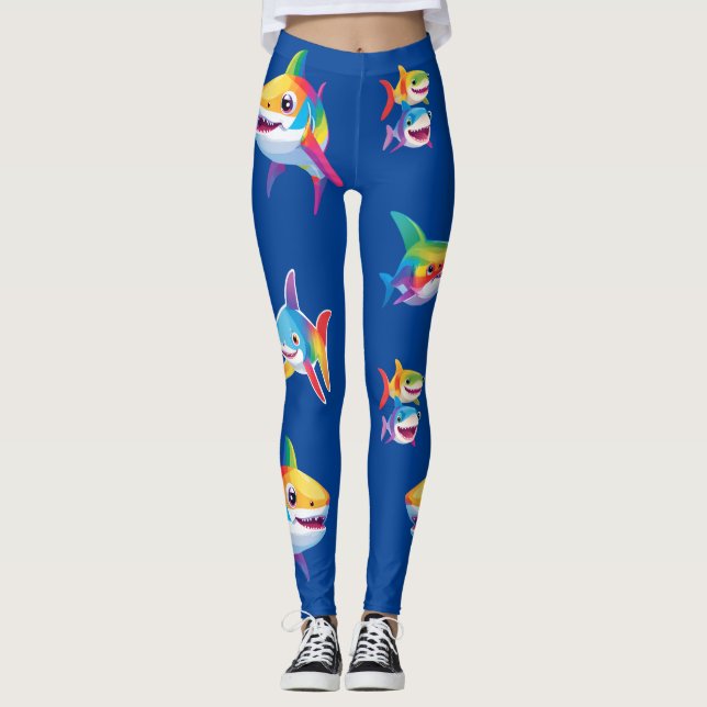 Funny rainbow shark birthday party Family kids Leggings (Front)