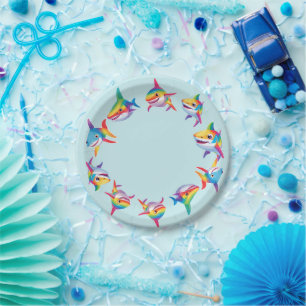 Funny rainbow shark birthday party Pattern Kids  Paper Plate
