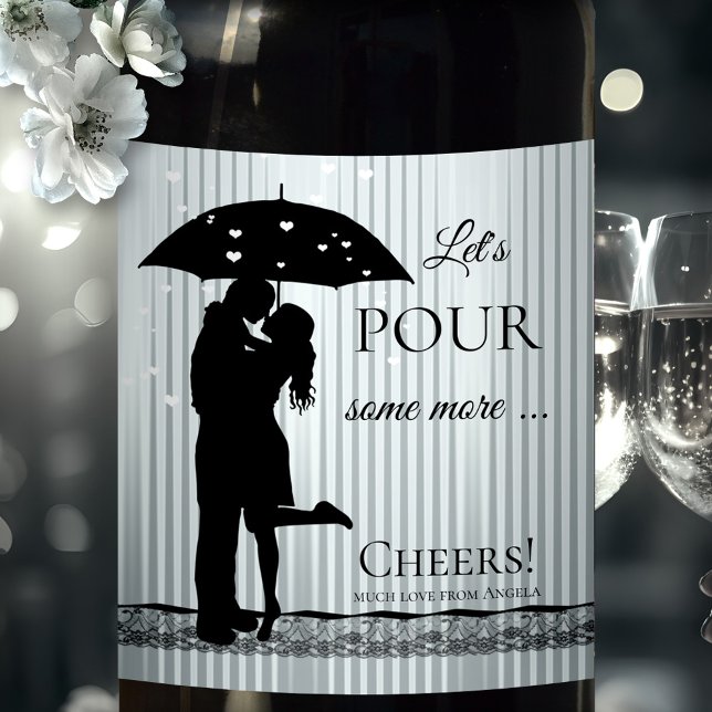 Funny Raining Hearts Love Wine Label (Funny wine label featuring a silhouette of a couple with raining hearts on a striped background)