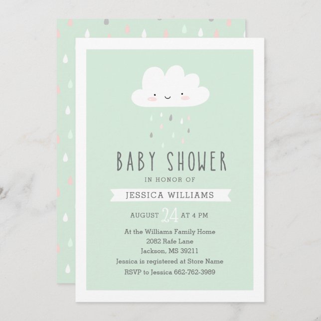 Funny Rainy Cloud Baby Shower Invitation in Mint (Front/Back)