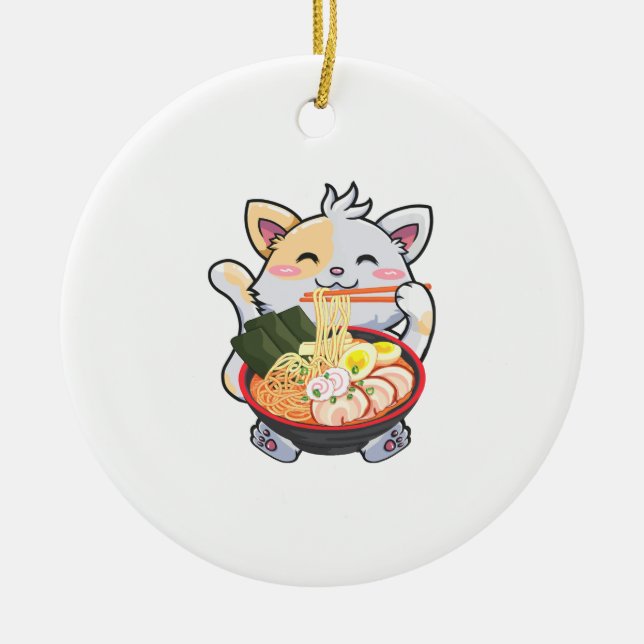 Funny Ramen Cat Anime Kawaii Japanese Noodles Love Ceramic Tree Decoration (Front)