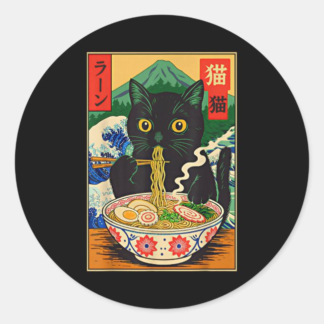 Funny Ramen Cat Japanese Noodle Kitten  Classic Round Sticker (Front)