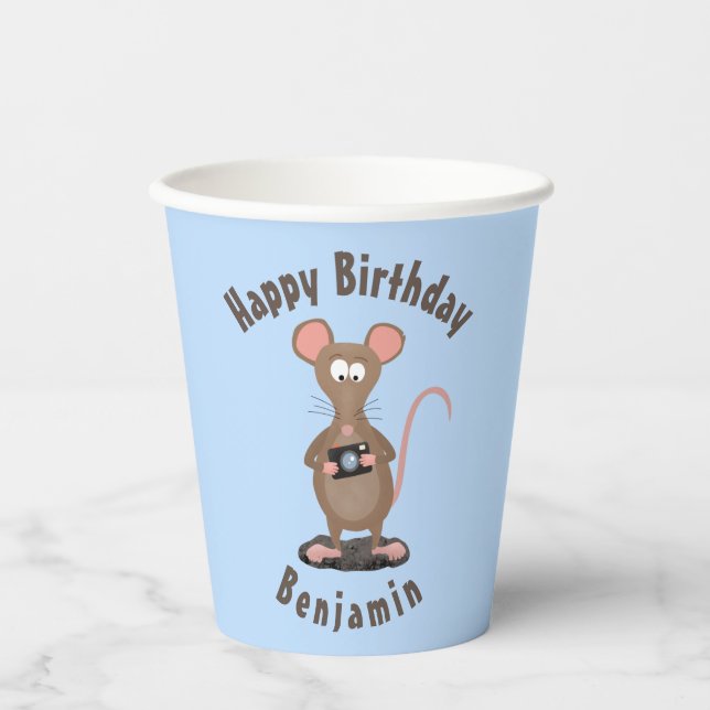 Funny rat and camera personalised birthday paper cups (Front)
