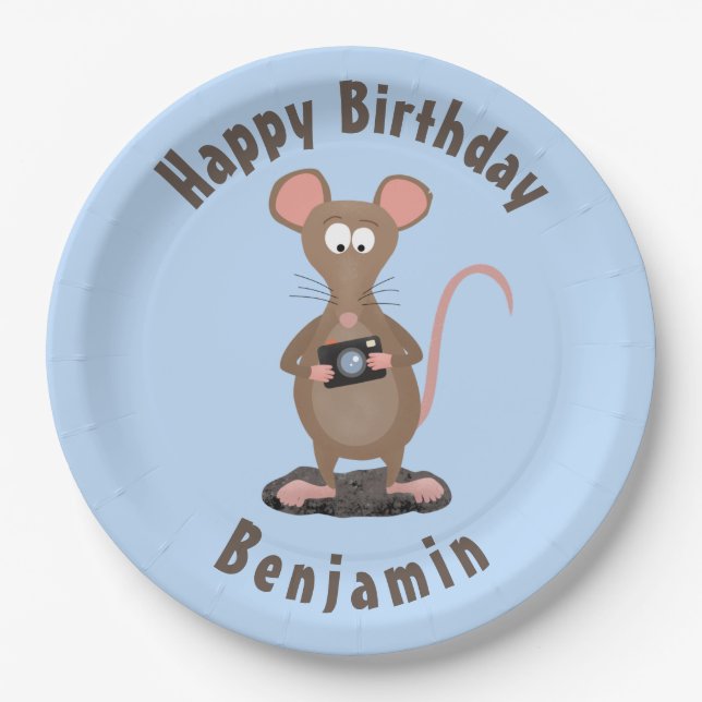 Funny rat and camera personalised birthday paper plate (Front)