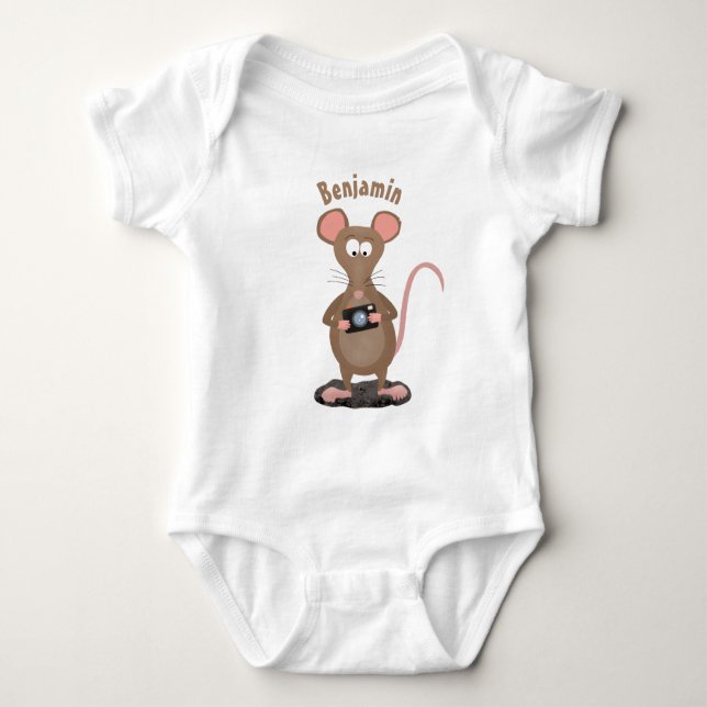 Funny rat with camera cartoon illustration baby bodysuit (Front)
