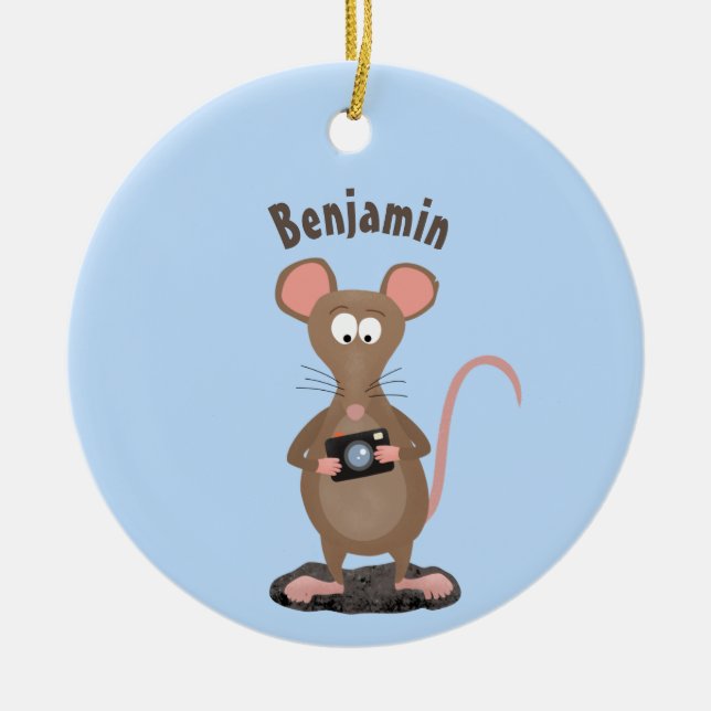 Funny rat with camera cartoon illustration ceramic tree decoration (Front)