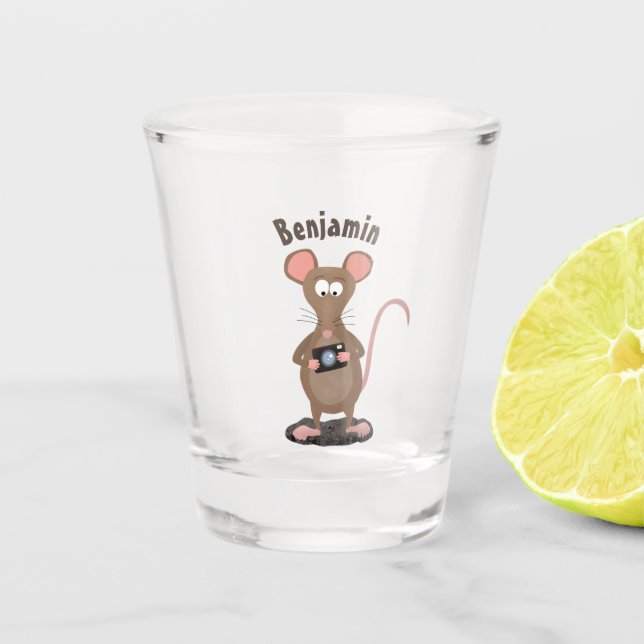Funny rat with camera cartoon illustration shot glass (Front)