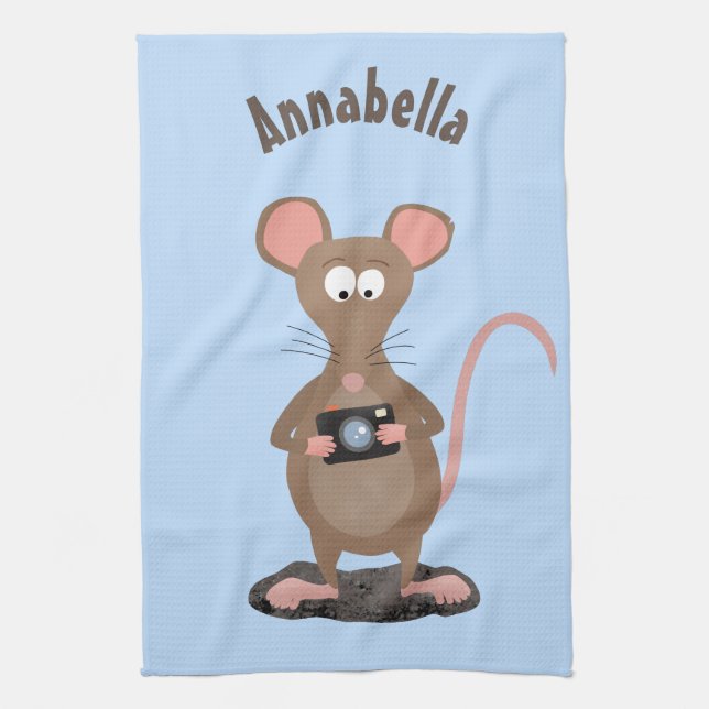 Funny rat with camera cartoon illustration tea towel (Vertical)
