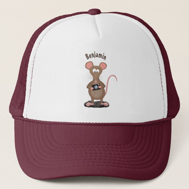 Funny rat with camera cartoon illustration trucker hat (Front)