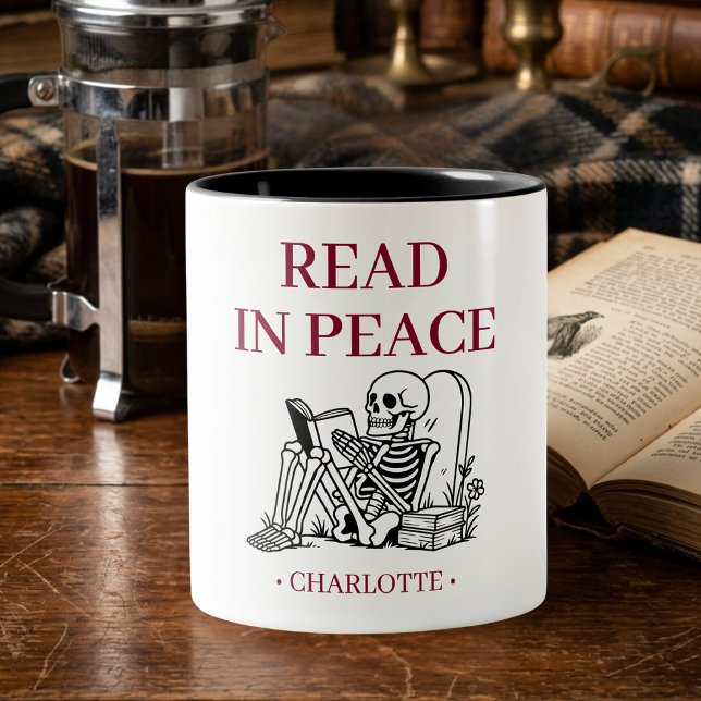 Funny Read In Peace Skeleton For Book Lovers Two-Tone Coffee Mug (Creator Uploaded)