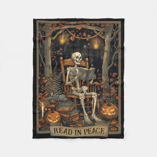 Funny Read In Peace Skeleton Halloween Read Bynned Fleece Blanket (Front)