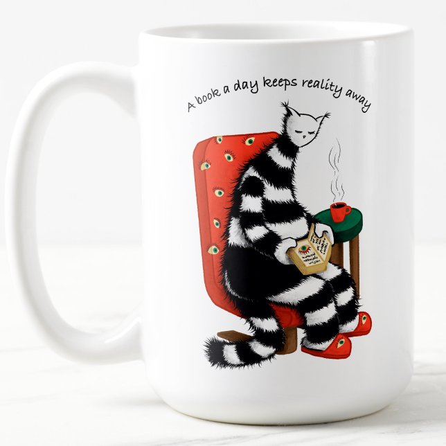 Funny Reading Cat - Book Day Reality Away Coffee Mug (white ceramic mug with a weird cat book lover holding a book and reading with coffee and text)
