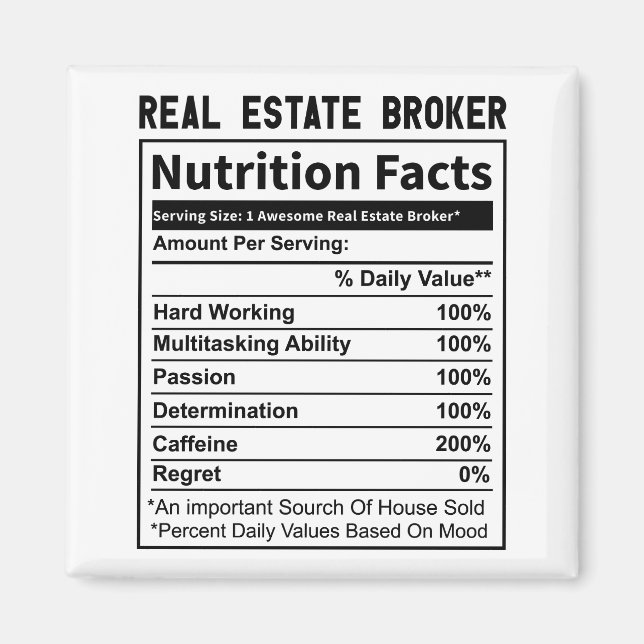 Funny Real Estate Broker Realtor Nutrition Facts Magnet (Front)